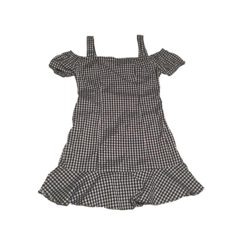 New Look Dress Medium Navy Blue White Gingham Mini Cap Sleeves Straps Retro 70s